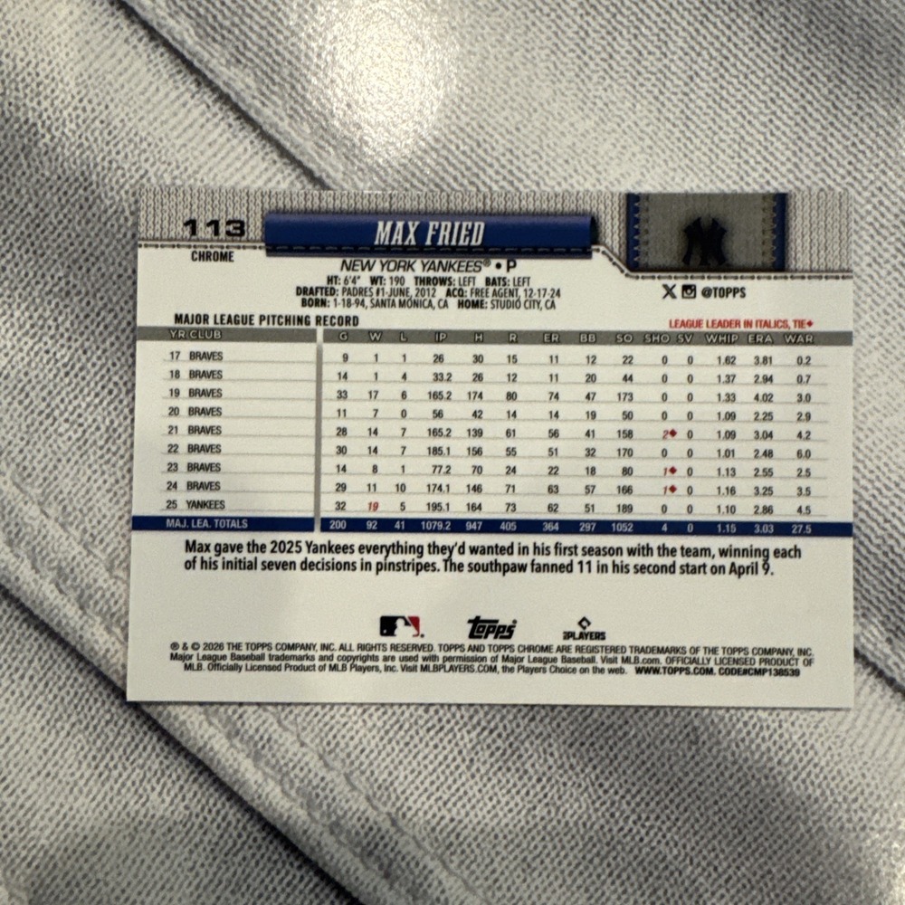 2026 Topps Chrome Max Fried #113 Red White & Blue Refractor Yankees - Picture 2 of 2